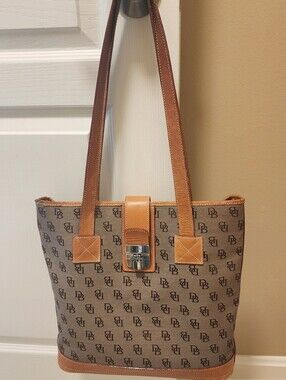 Donney & Bourke Classic Brown Monogram Tote Bag with Leather Trim